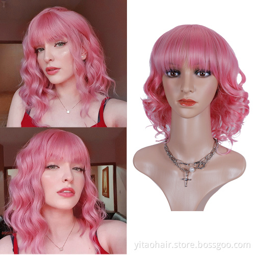 Pink wavy  Wig with Bangs Short Synthetic Hair Wigs for  Women Neon Pink Shoulder Length Wig for Daily Cosply Party Use